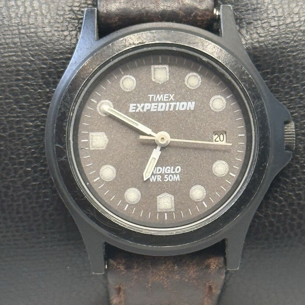 Timex Expedition Womens Watch 32mm Indiglo T43031 Brown Lthr Band Gunmetal EUC